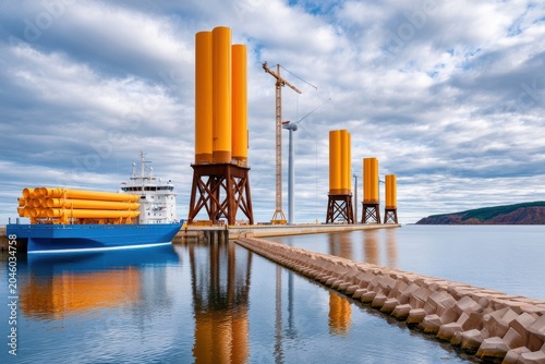 Industrial port with offshore wind turbine foundations and cargo ship unloading bright yellow structures