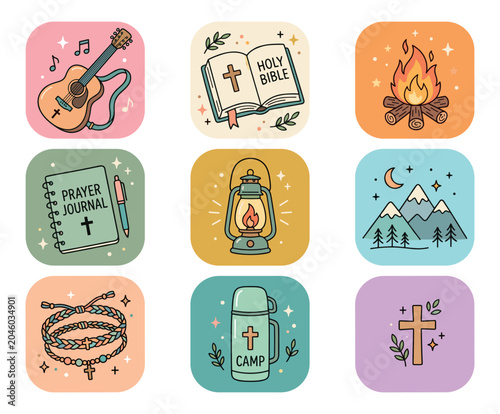 Christian camp and spiritual retreat themed icons