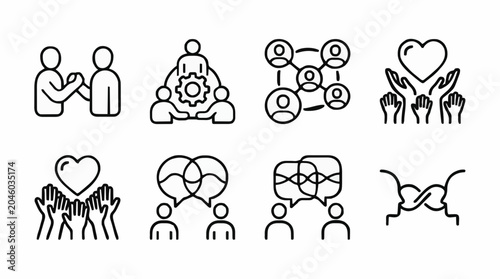 Bild auf Leinwand Social connection and collaborative teamwork line icon collection