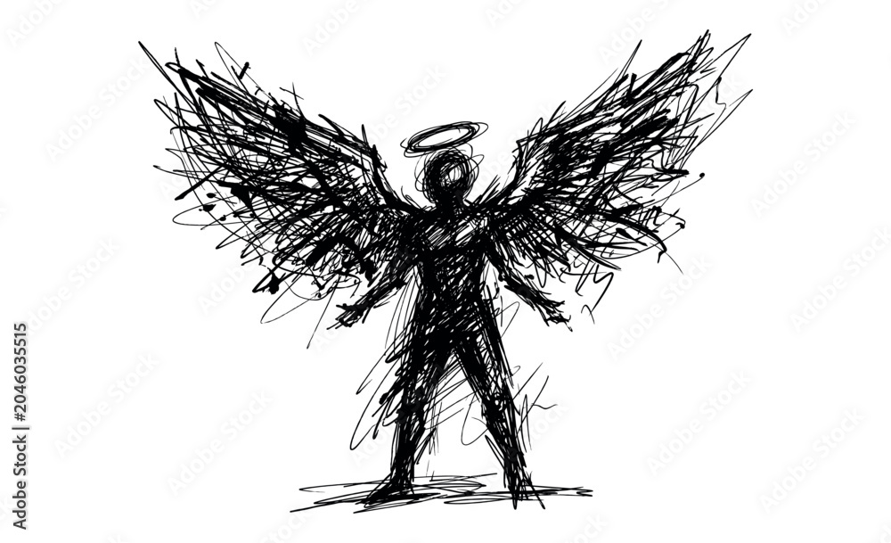 Naklejka premium Angel silhouette outline with scribble wings and halo