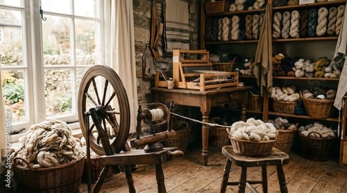 Horizontal shot of a traditional wooden spinning wheel with a bundle of raw, unbleached sheep's wool being spun into a rustic yarn, soft morning light filtering through a workshop window.