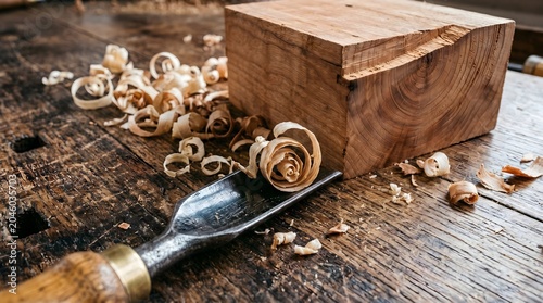 Wide horizontal close-up of a traditional woodcarver's workbench, showing a steel gouge resting next to a block of fresh cherry wood, with fresh, curling wood shavings scattered across the dark grain.