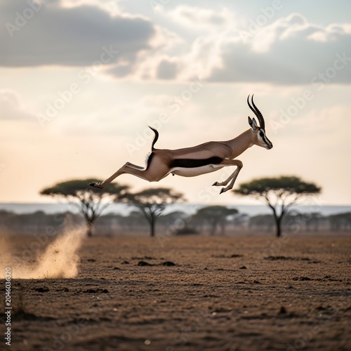 Agile Gazelle Leaping Mid-Air Across Golden African Savanna, Kicking Up Dust at Sunset