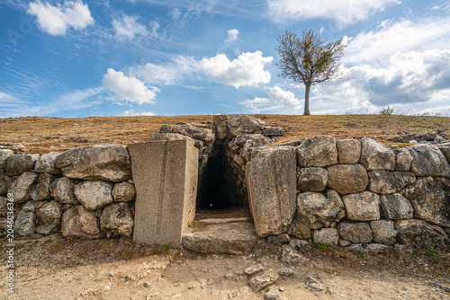 The historic stone postern tunnel beneath the Yerkapi rampart in the upper city of Hattusa. This defensive underground tunnel showcases the advanced military engineering and fortifications built by th