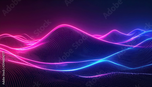 Abstract Neon Wave Landscape with Pink and Blue Glowing Lines and Particles