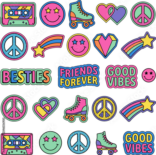 Colorful stickers with peace signs and good vibes messages and roller skates on white