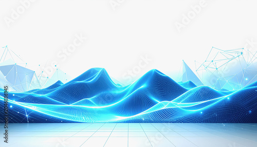 Bright Blue Digital Terrain with Network Grid and White Background