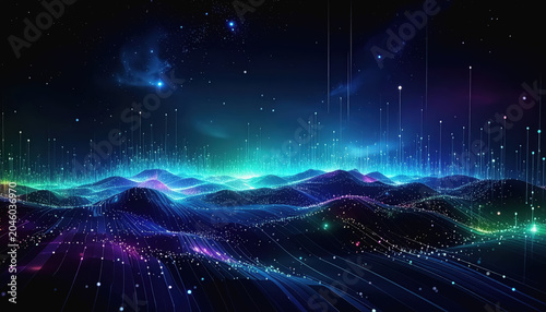 Cosmic Digital Landscape with Glowing Particles and Starry Night Sky