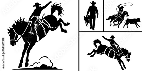 Fotografía Rodeo Cowboy Silhouette Vector Set: Bucking Bronco, Calf Roping, and Western Rid