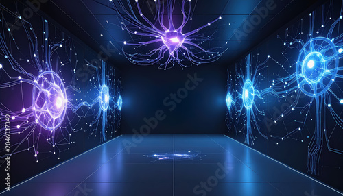 Abstract Neural Network Room with Glowing Blue and Purple Energy Orbs
