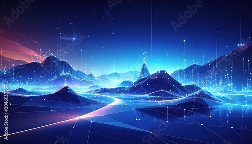 Digital Mountain Landscape with Blue Wireframe Network and Starry Sky