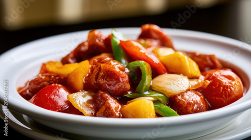 transparent food photography of thai sweet and sour pork pad prew wa