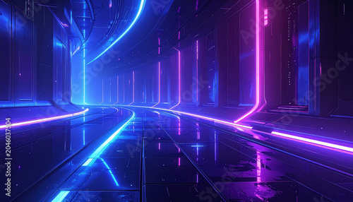 Futuristic Neon Tunnel with Blue and Purple Lights Reflecting on Wet Floor