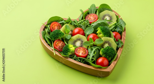 Heart shaped wooden bowl of fresh vegetable salad