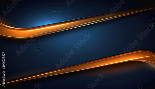 Abstract Dark Blue Background with Glowing Golden Orange Curves and Sparkles