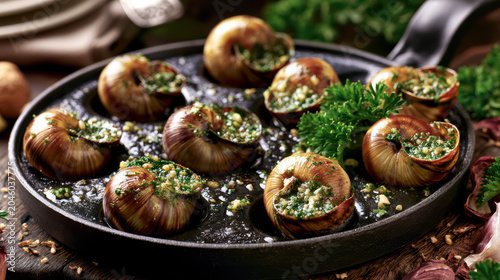 transparent food photography of baked french escargot in gourmet presentation