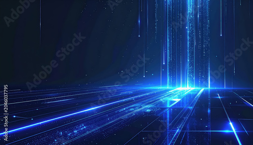 Abstract Digital Data Stream with Blue Light Rays and Particles