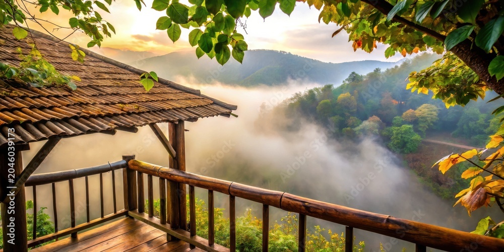 Fototapeta premium Serene Sunrise Vista from a Wooden Balcony Overlooking Misty Mountain Valley