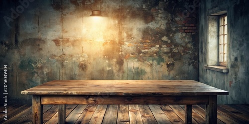 Rustic wooden table in dimly lit room with textured wall and small window, ideal for product display or background image.
