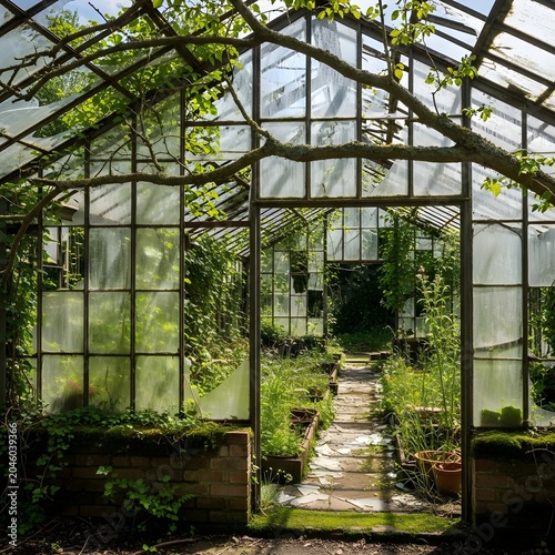 Overgrown Abandoned Greenhouse: Nature Reclaiming a Broken Glass Structure in Sunlight