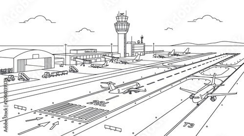 Photos Line drawing of airport runway and control tower.