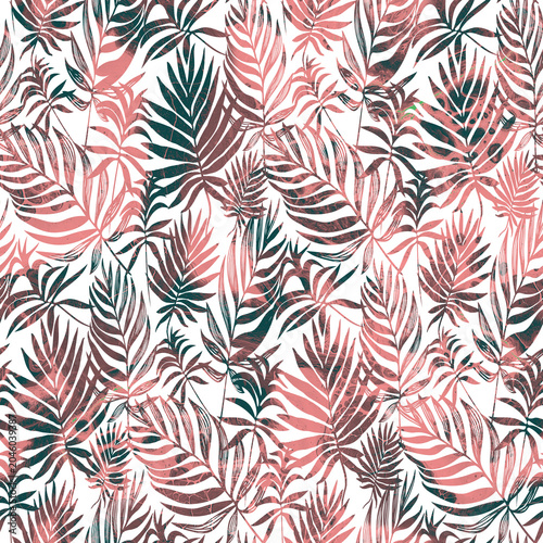Light seamless pattern with silhouettes of tropical branch and leaves on white background. Perfect for fashion apparel fabric, trendy package, bedding, wallpaper, accessories, outerwear, cloth textile