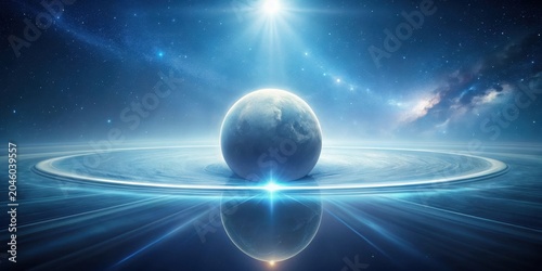 Celestial Orb Reflecting in a Tranquil Cosmic Sea, Under a Starry Sky with Glimmering Light Beams