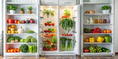 Well-stocked refrigerator and pantry shelves filled with an abundance of fresh produce