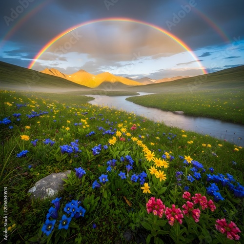 Majestic Double Rainbow Over Lush Alpine Meadow with Winding River and Golden Mountains at Sunset