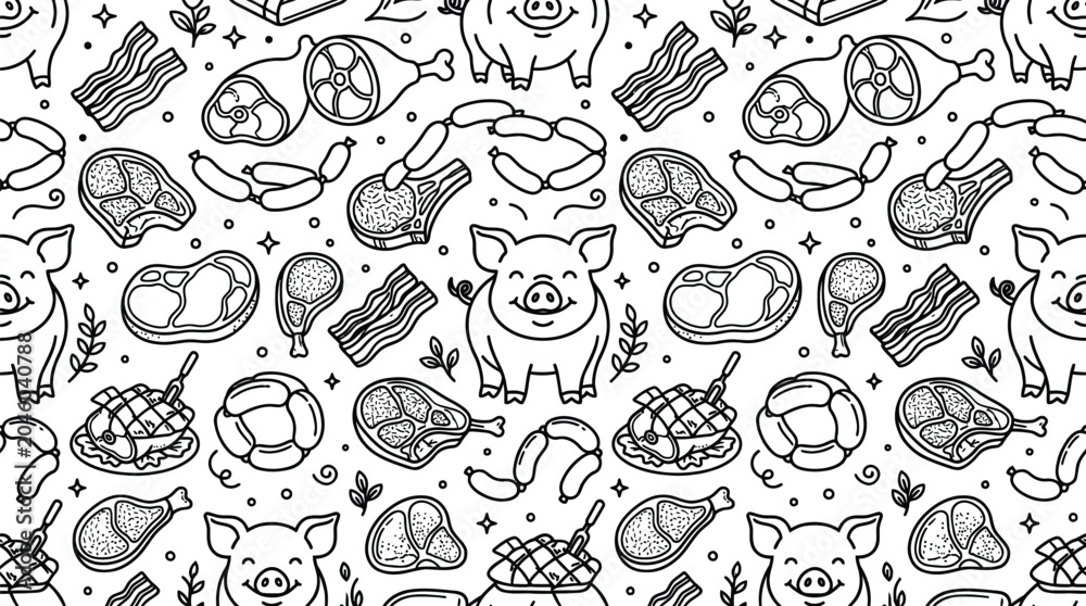Fototapeta premium Pig seamless pattern black line art vector background