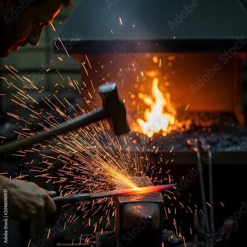 Blacksmith hammering glowing metal on anvil with sparks flying