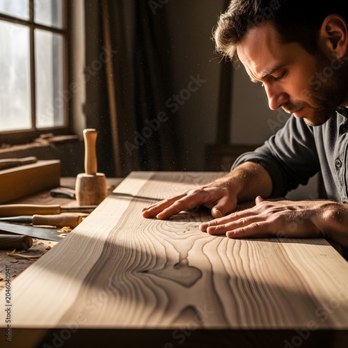 Carpenter inspecting wood grain in workshop