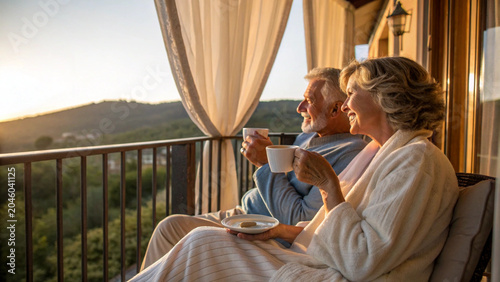 Senior couple drinking coffee on sunset balcony