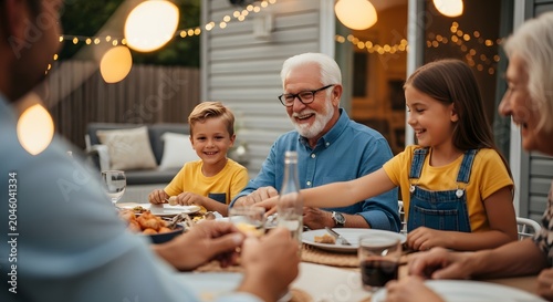 Multigenerational family eating dinner on outdoor patio