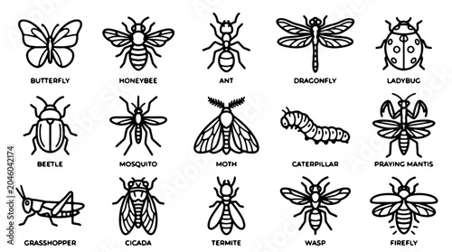 Cuadro en lienzo Insect icons, bug illustrations, 16 insect graphics, black and white vector set