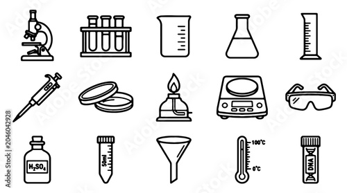 Foto Laboratory equipment icons, science symbols, lab tools, black line illustrations