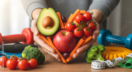 Healthy eating and fitness concept with fresh fruits and vegetables