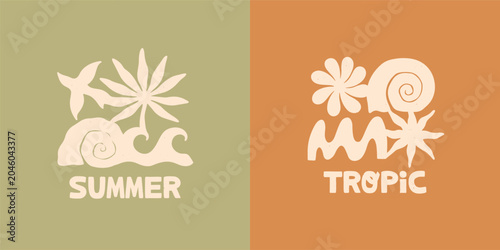 Obraz na płótnie Tropical summer set with abstract coastal motifs,ocen wave shapes,seashell forms,palm,bird