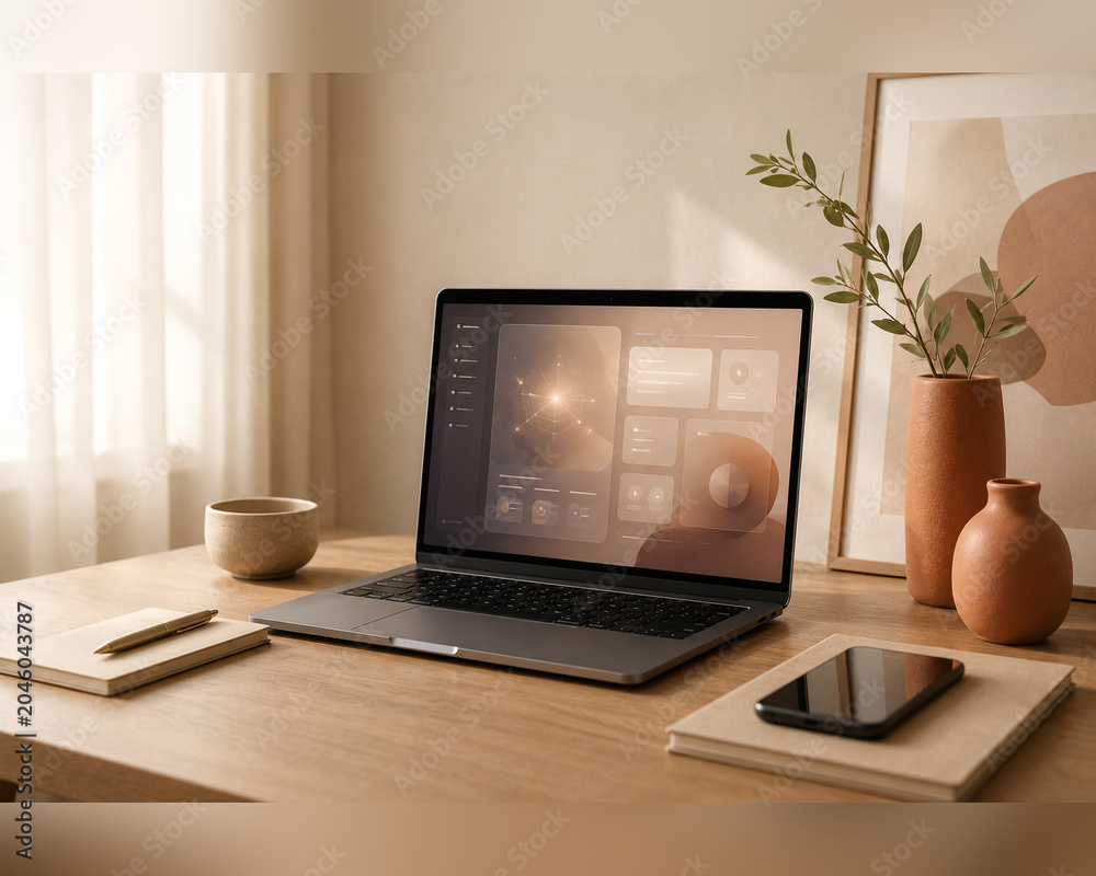 Fototapeta premium Warm Minimalist Home Office Desk with Laptop Terracotta Vases and Natural Window Light