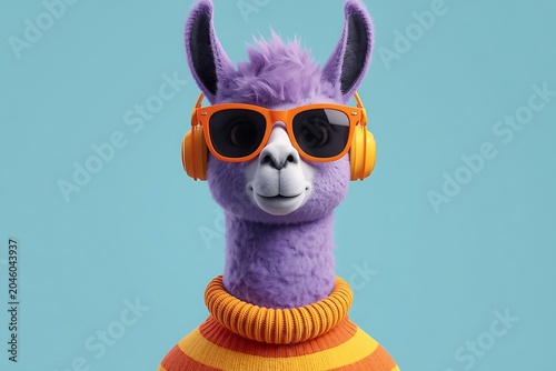 Purple llama with orange sunglasses and headphones sunglasses headphones portrait listening character whimsical rendering illustration background accessory detailed creative isolated
