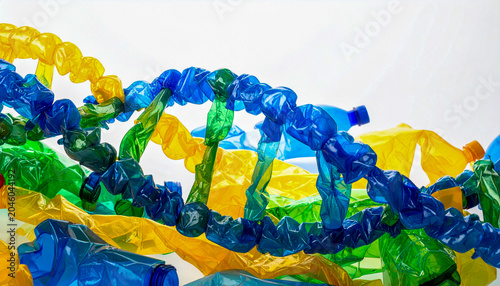 Abstract scientific layout with multi colored polymer shards forming a DNA model on a clean surface