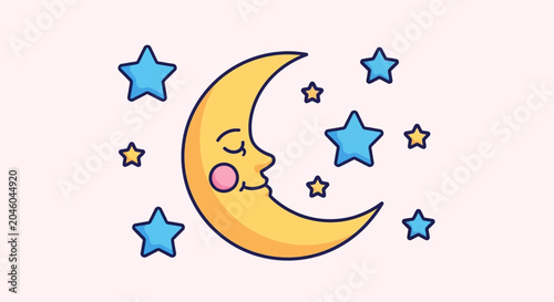 Photos Cute Moon Character Sleeping Among Stars Vector Illustration