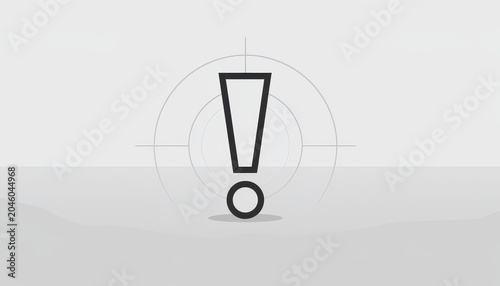 Attention mark minimal concept. Black exclamation mark inside concentric circles on a gray background