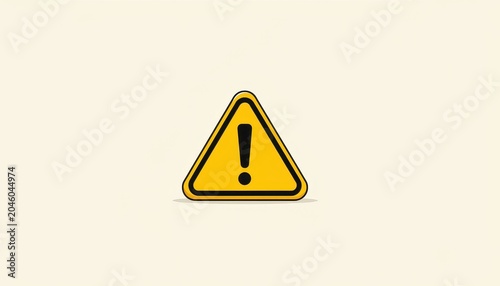 Attention mark minimal concept. Yellow triangular warning sign with black exclamation mark on beige background