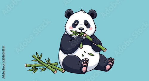 Photos Cute Panda Eating Bamboo Vector Illustration