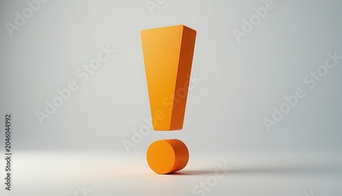 Attention mark minimal concept. Orange 3D exclamation mark standing on a plain white surface with shadow