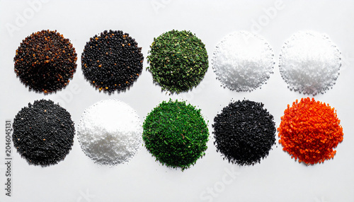 Conceptual scientific background showcasing sorted microplastic debris and synthetic materials on a clean backdrop