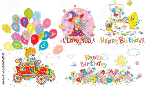Happy birthday cards with a cute little witch, a small yellow chick, a smiling sun and a funny circus clown, a set of vector cartoon illustrations isolated on a white background