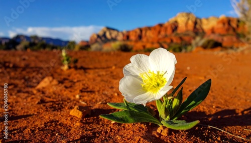 Close-up of a white flower with yellow center, set against red desert sand and rock formations. Clear blue sky in background
