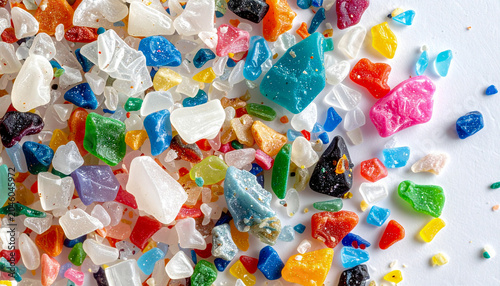 Conceptual ecology background featuring multi colored microplastic debris scattered on a clean backdrop